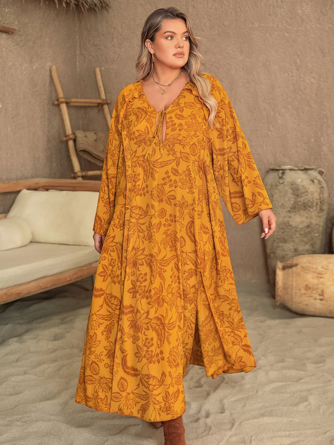 Plus Size Printed Slit Long Sleeve Dress - Image 4