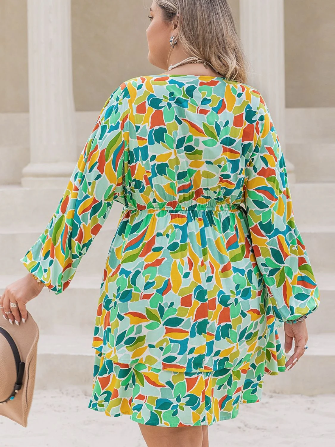 Plus Size Printed Surplice Long Sleeve Mini Dress - Image 2