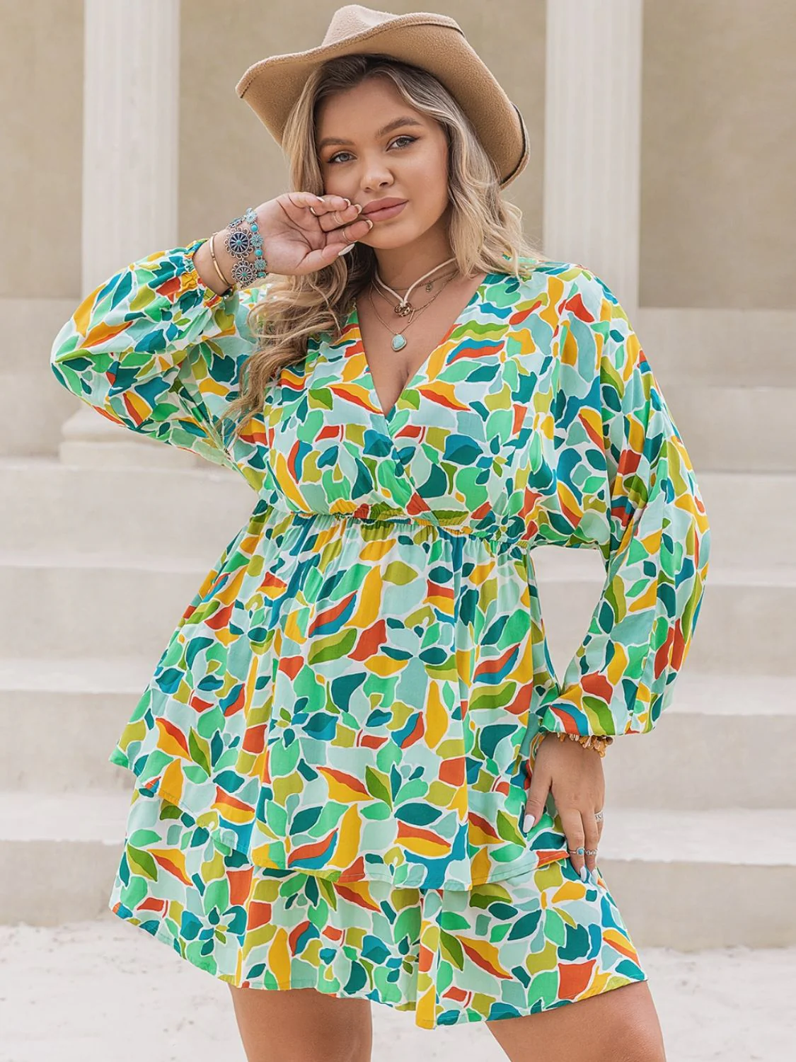 Plus Size Printed Surplice Long Sleeve Mini Dress - Image 3