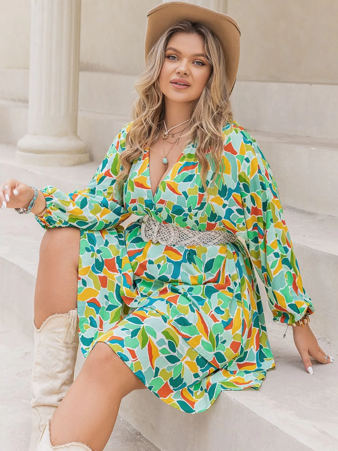 Plus Size Printed Surplice Long Sleeve Mini Dress - Image 4