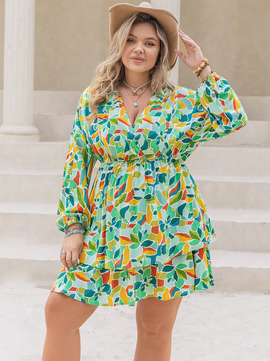 Plus Size Printed Surplice Long Sleeve Mini Dress - Image 5