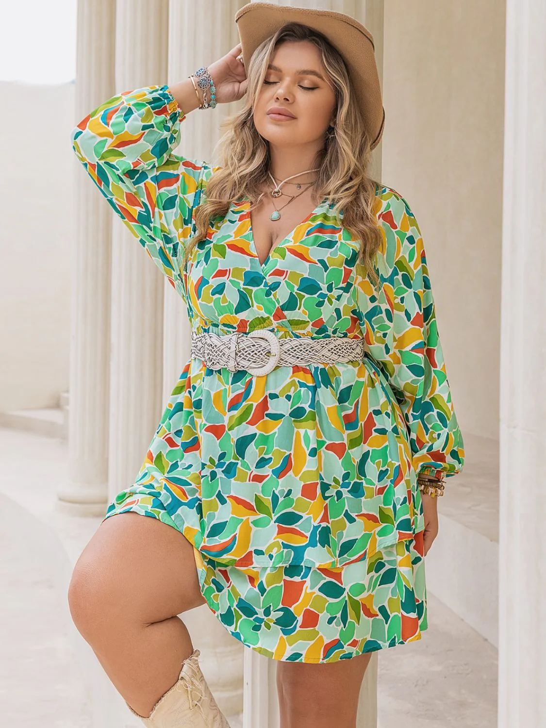 Plus Size Printed Surplice Long Sleeve Mini Dress - Image 6