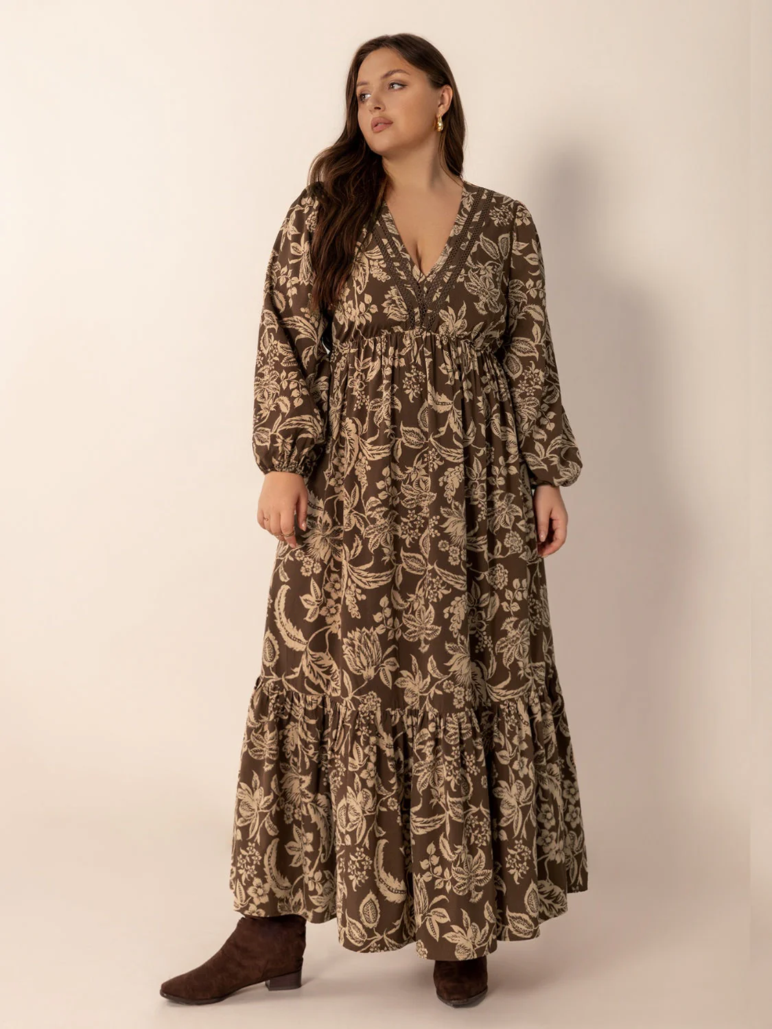 Plus Size Printed V-Neck Balloon Sleeve Maxi Dress - Image 2