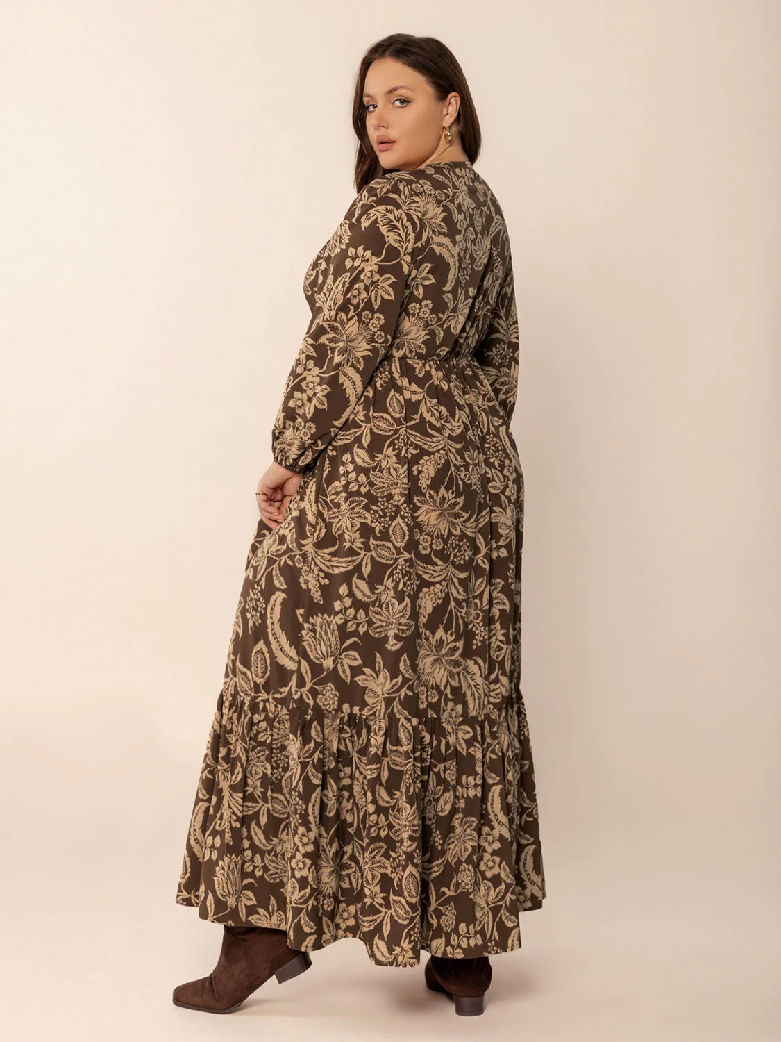 Plus Size Printed V-Neck Balloon Sleeve Maxi Dress - Image 3