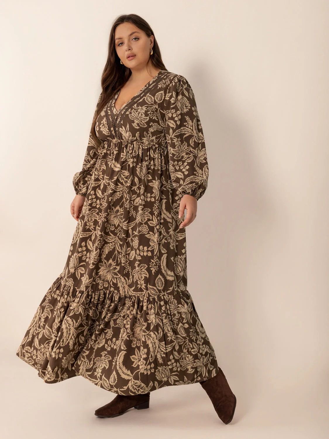 Plus Size Printed V-Neck Balloon Sleeve Maxi Dress - Image 4