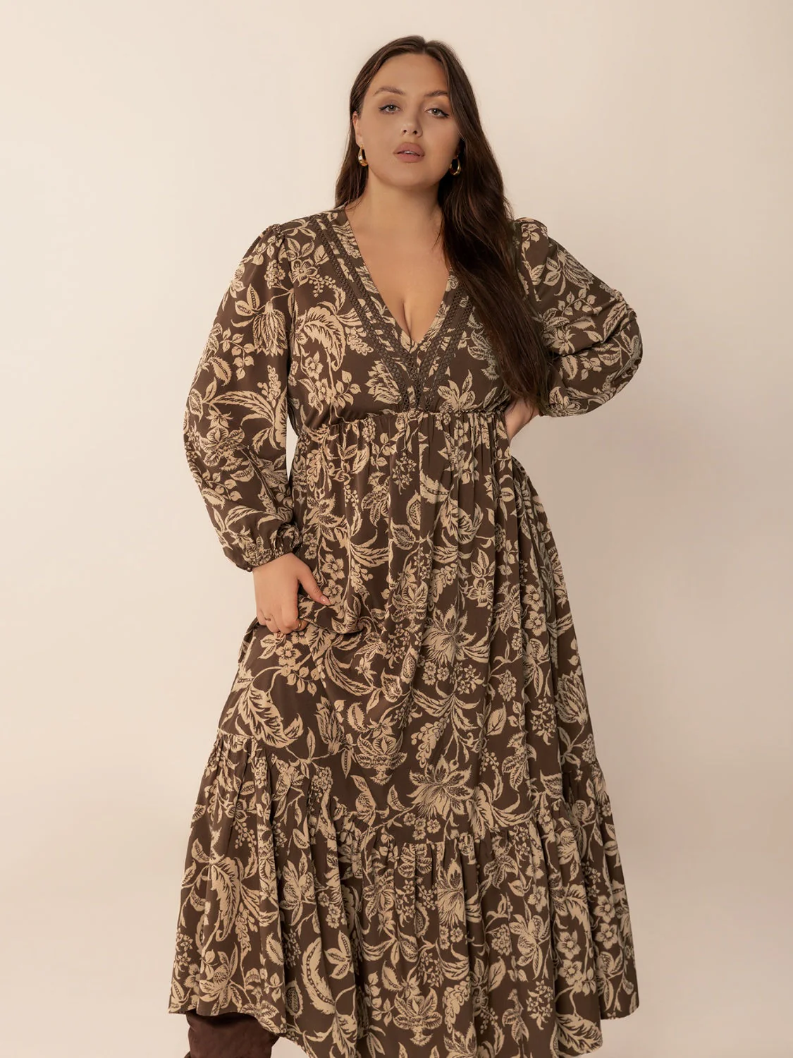Plus Size Printed V-Neck Balloon Sleeve Maxi Dress - Image 5