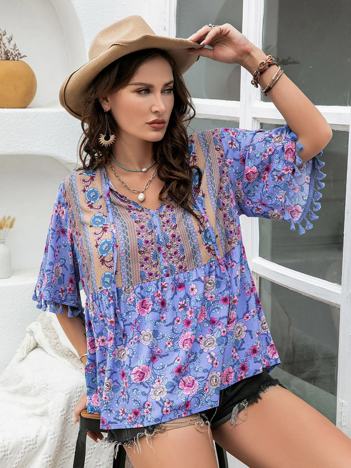 Plus Size Printed V-Neck Half Sleeve Blouse - Image 5