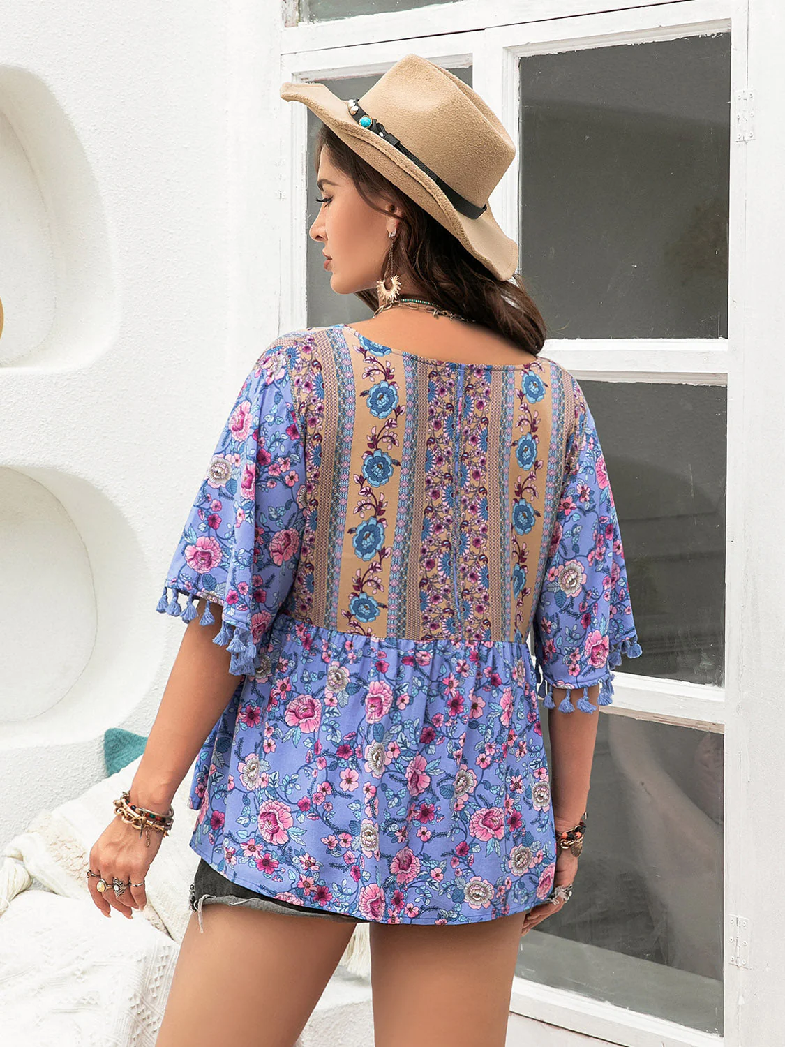 Plus Size Printed V-Neck Half Sleeve Blouse - Image 6