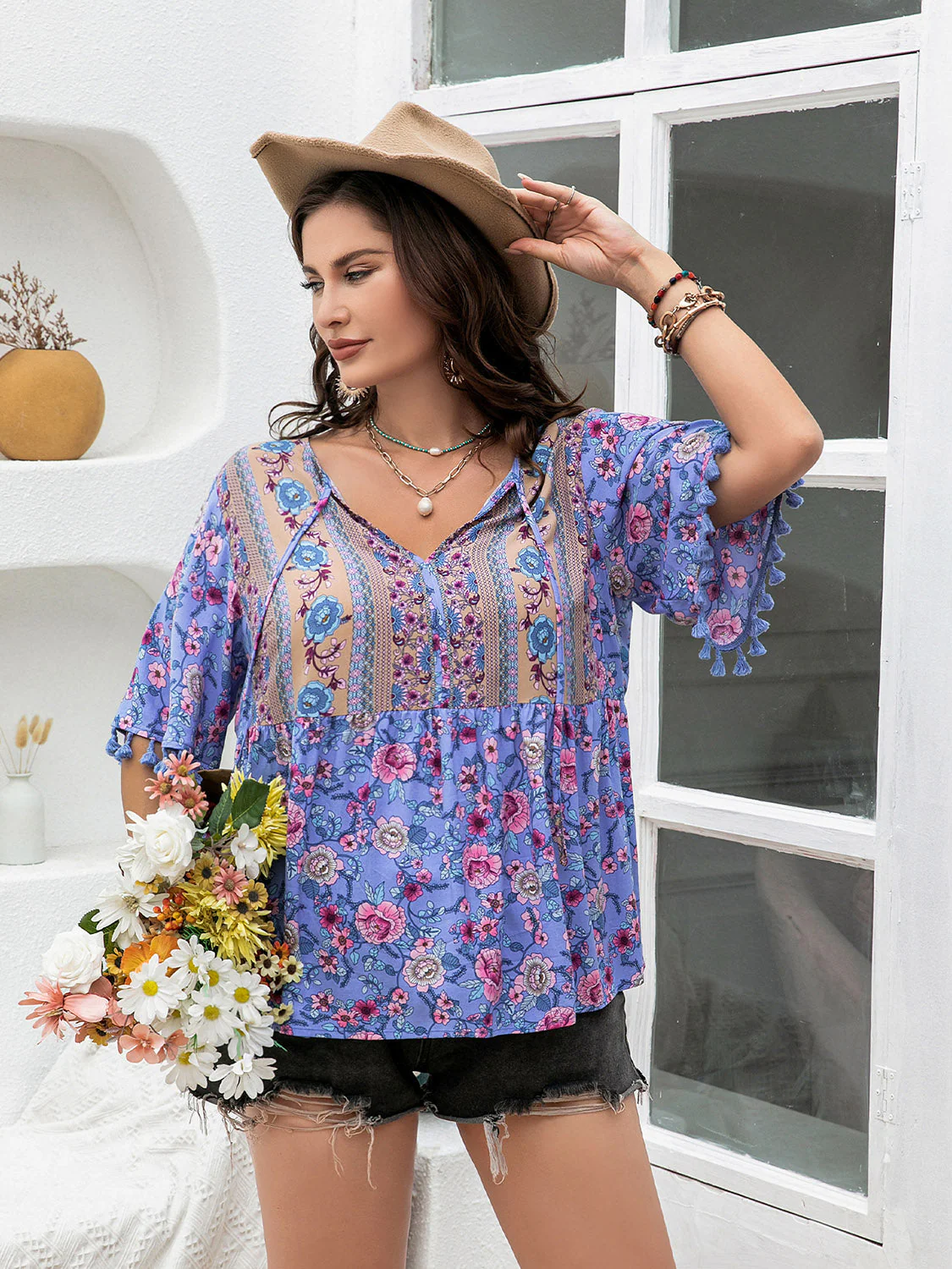 Plus Size Printed V-Neck Half Sleeve Blouse - Image 8