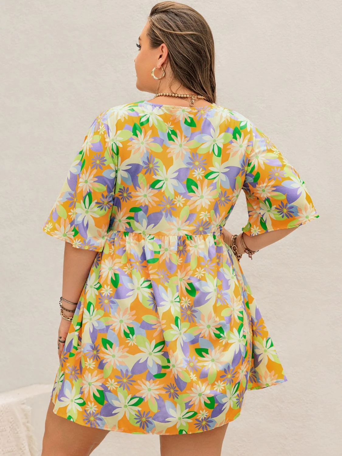 Plus Size Printed V-Neck Half Sleeve Mini Dress - Image 2