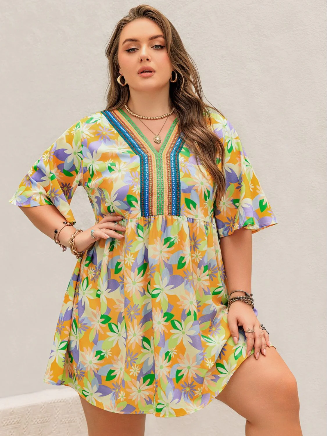 Plus Size Printed V-Neck Half Sleeve Mini Dress - Image 3