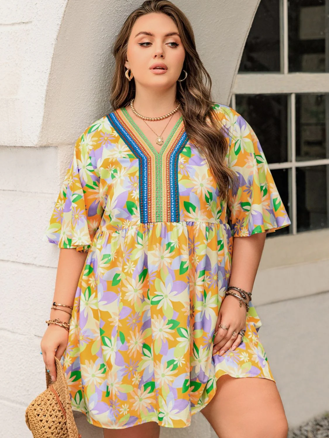 Plus Size Printed V-Neck Half Sleeve Mini Dress - Image 5