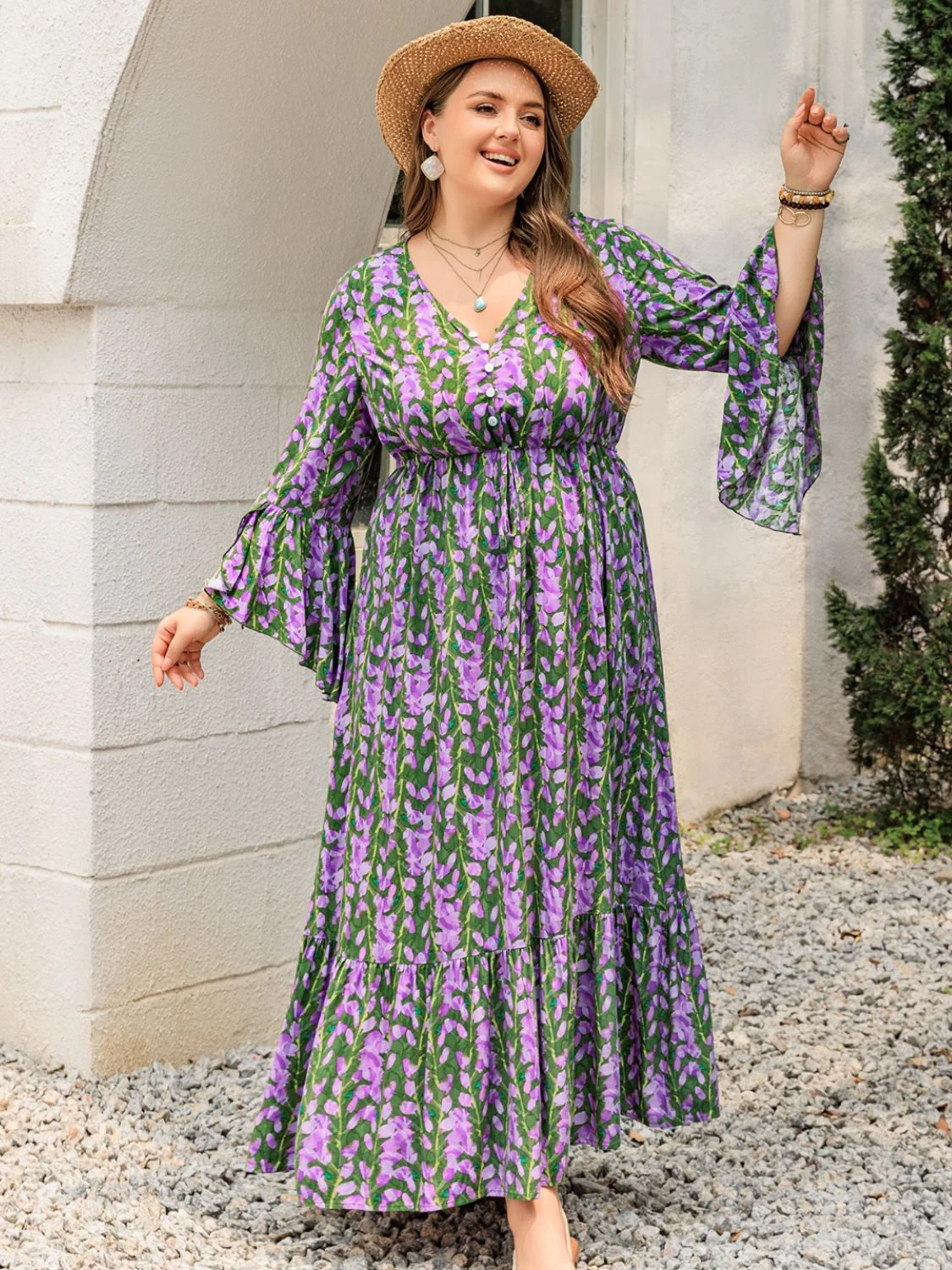 Plus Size Printed V-Neck Long Sleeve Maxi Dress - Image 10