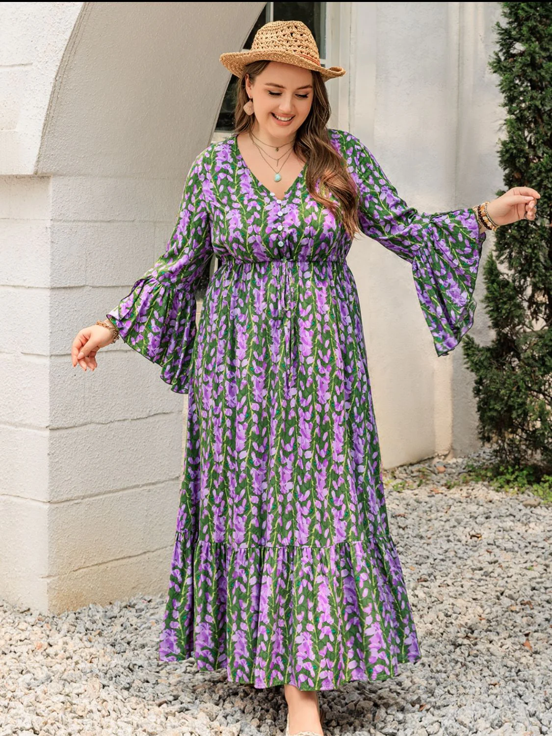 Plus Size Printed V-Neck Long Sleeve Maxi Dress - Image 11