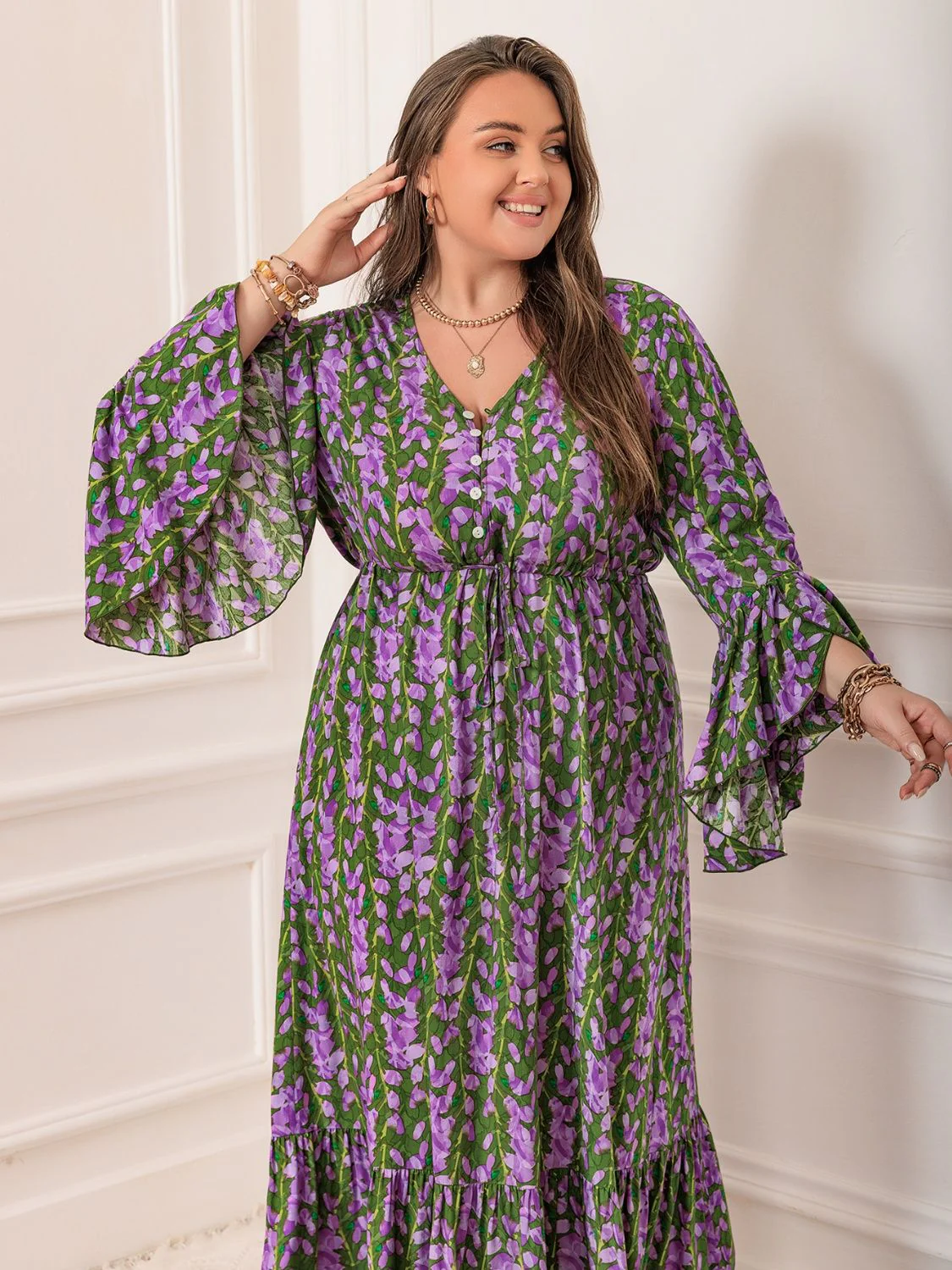 Plus Size Printed V-Neck Long Sleeve Maxi Dress - Image 12