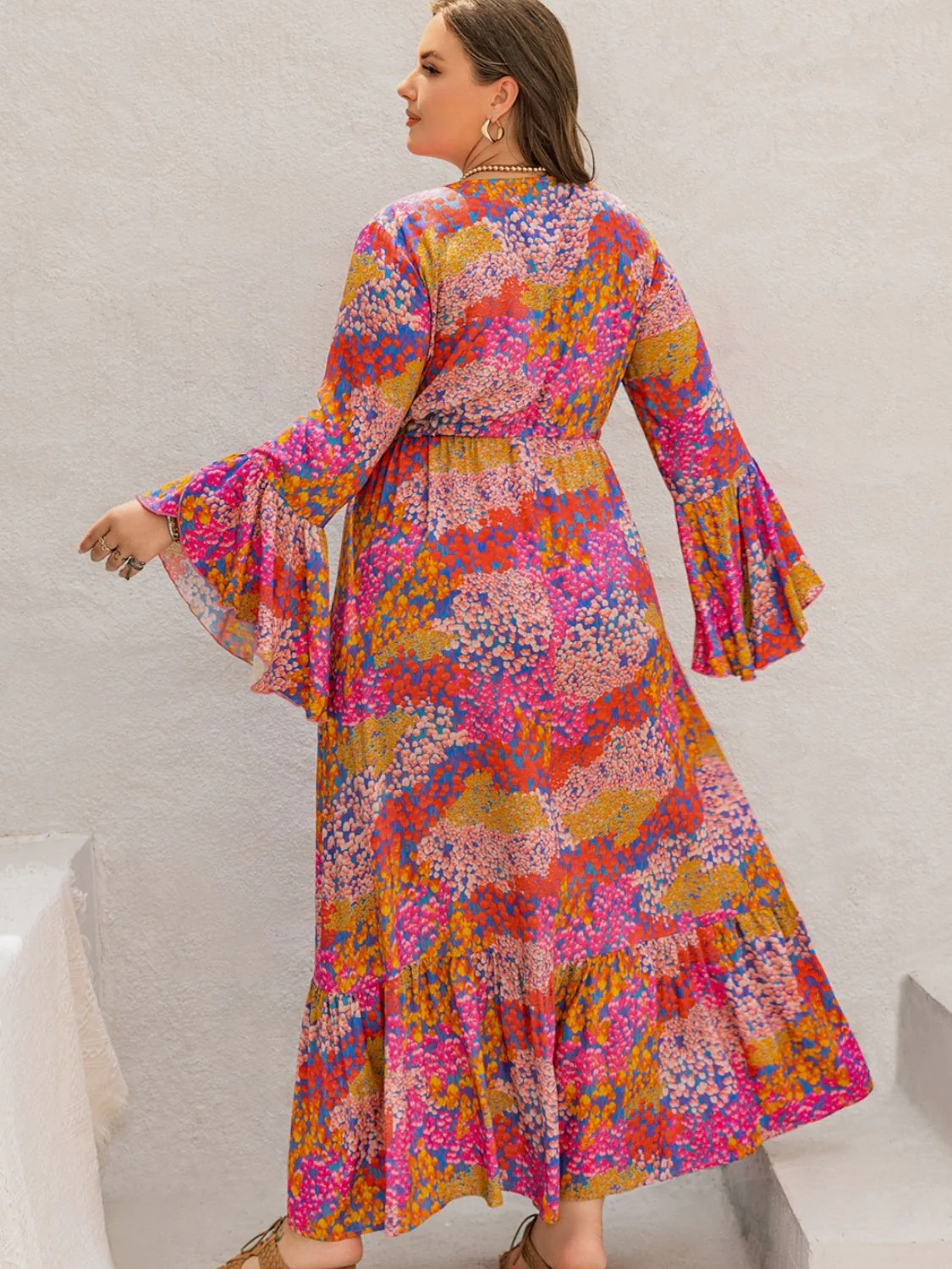 Plus Size Printed V-Neck Long Sleeve Maxi Dress - Image 2