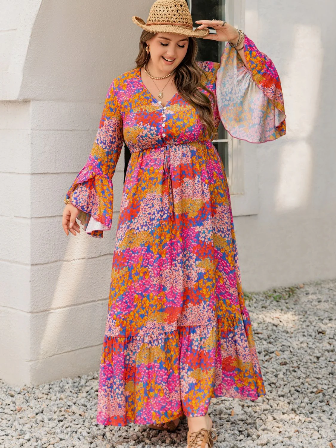 Plus Size Printed V-Neck Long Sleeve Maxi Dress - Image 3