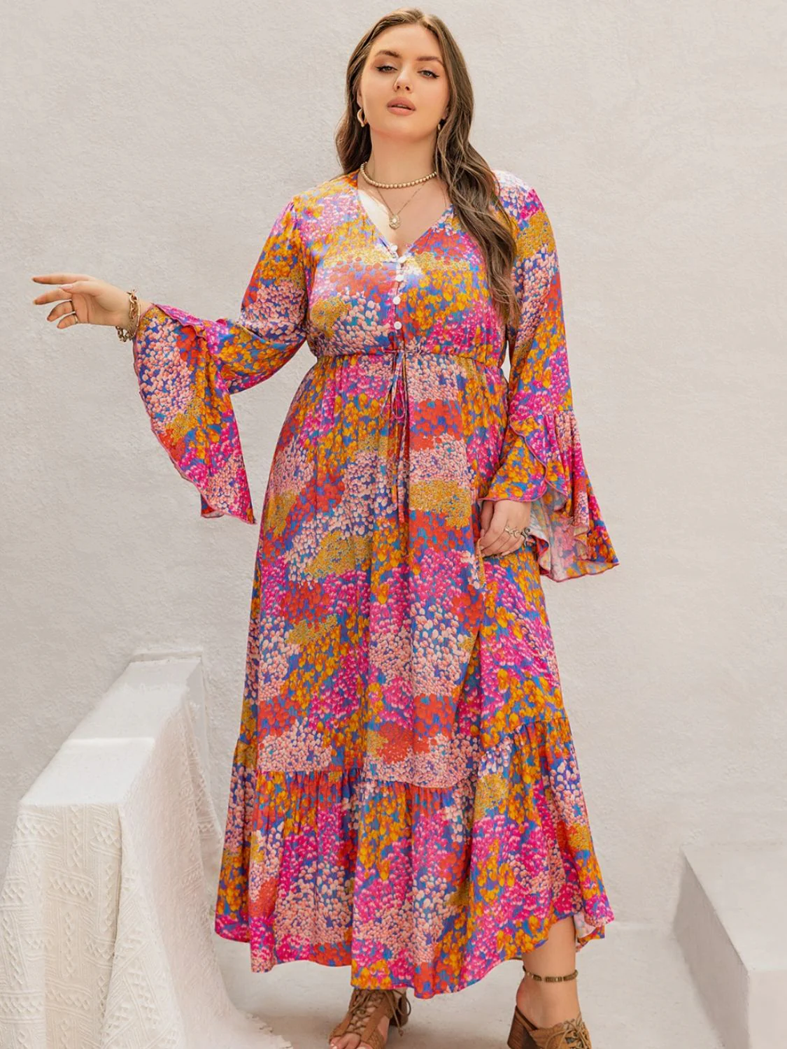 Plus Size Printed V-Neck Long Sleeve Maxi Dress - Image 4