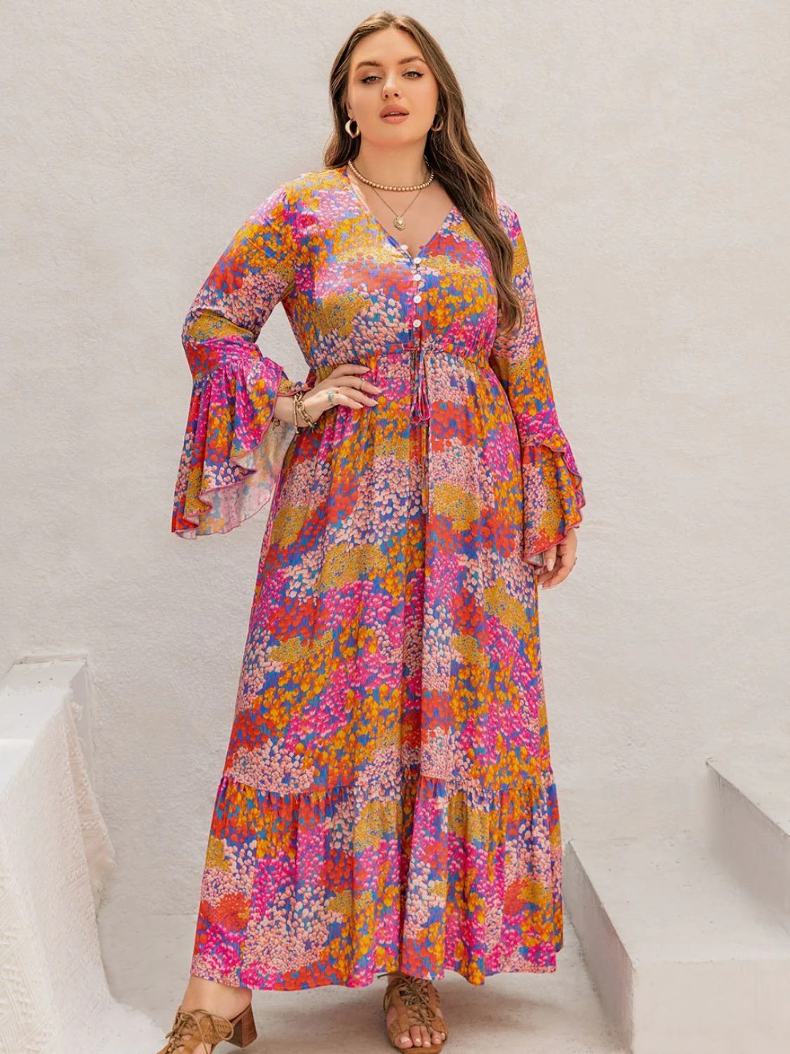 Plus Size Printed V-Neck Long Sleeve Maxi Dress - Image 5