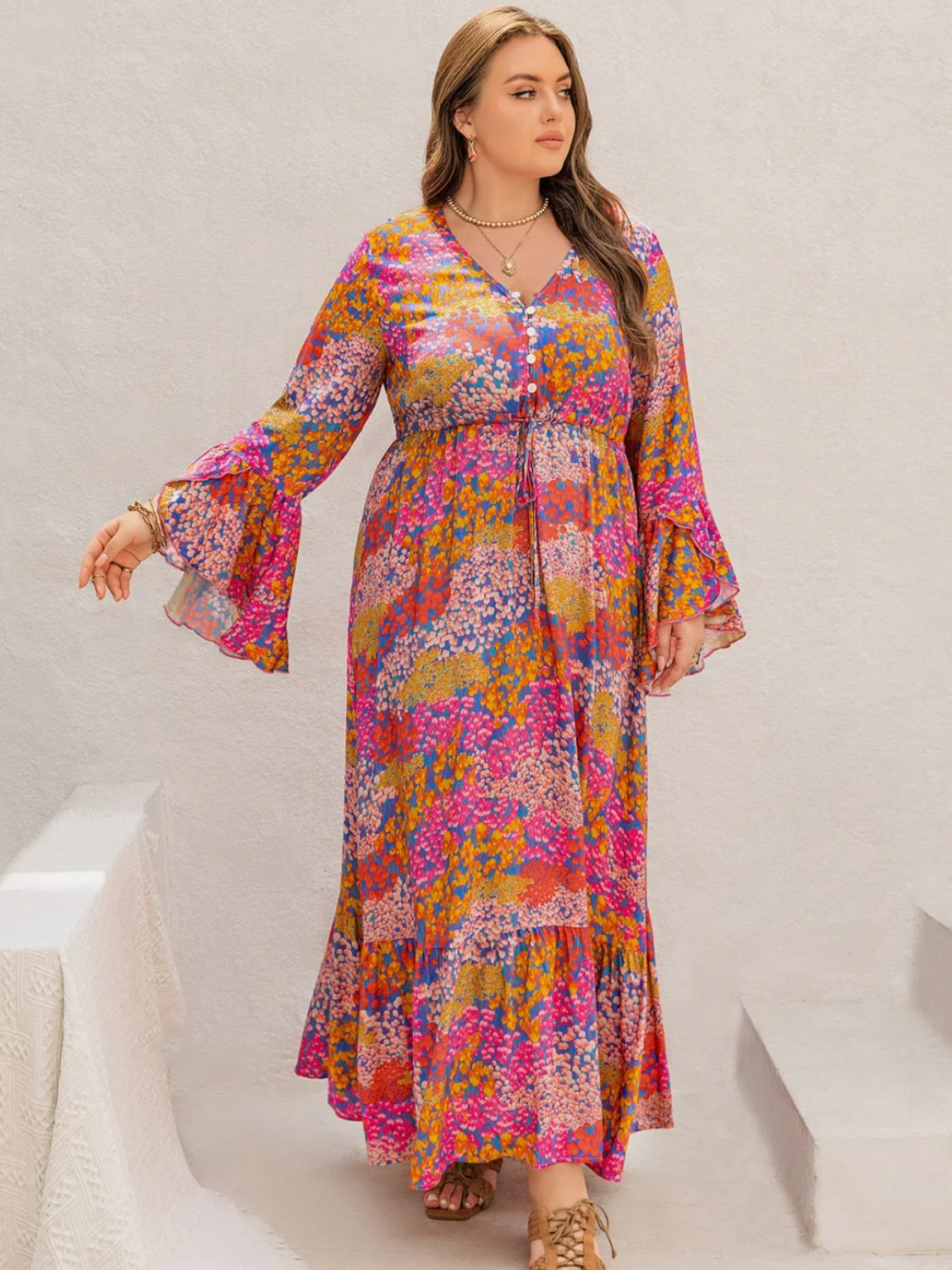 Plus Size Printed V-Neck Long Sleeve Maxi Dress - Image 6