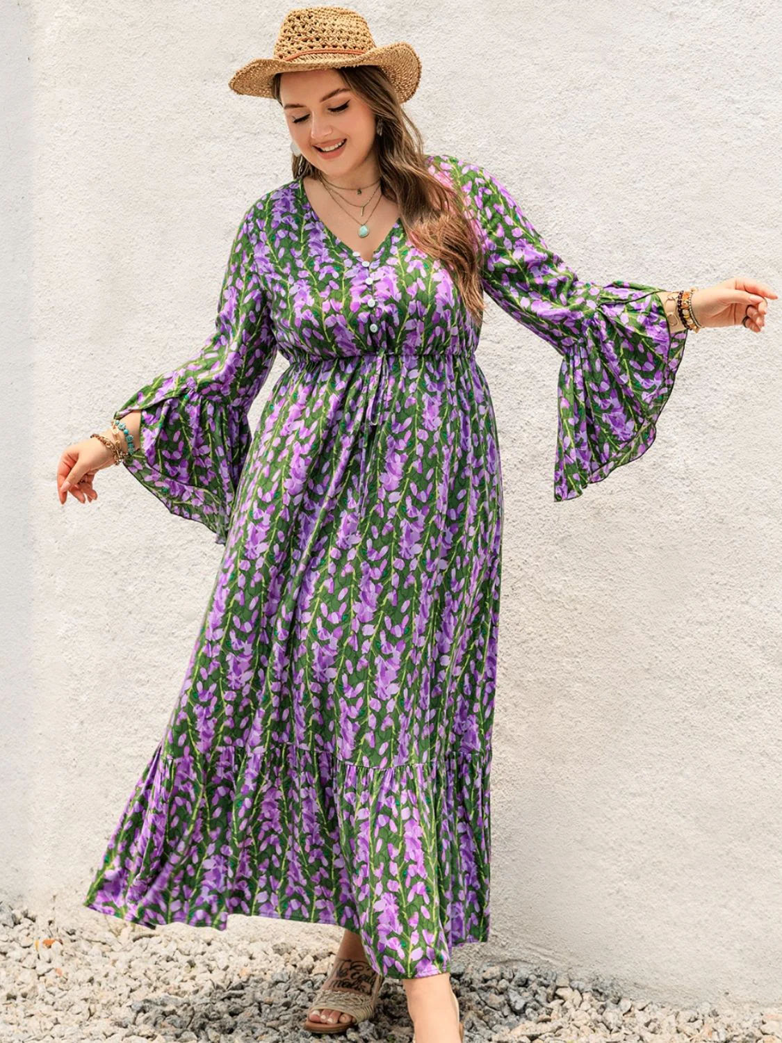 Plus Size Printed V-Neck Long Sleeve Maxi Dress - Image 7