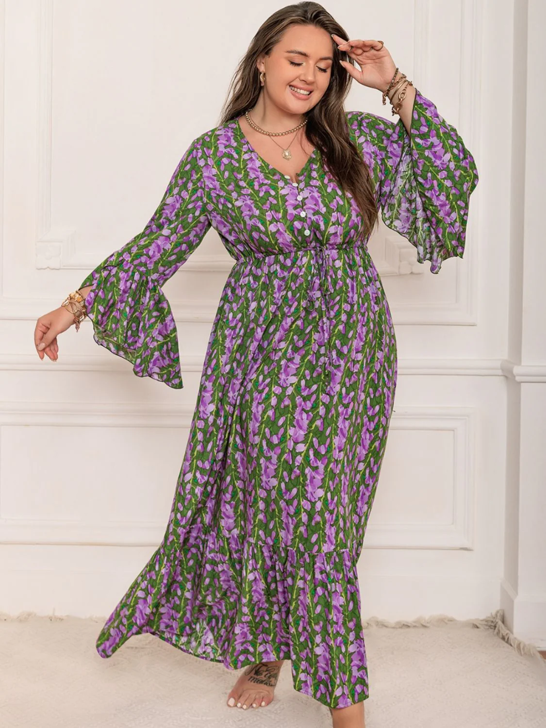 Plus Size Printed V-Neck Long Sleeve Maxi Dress - Image 8