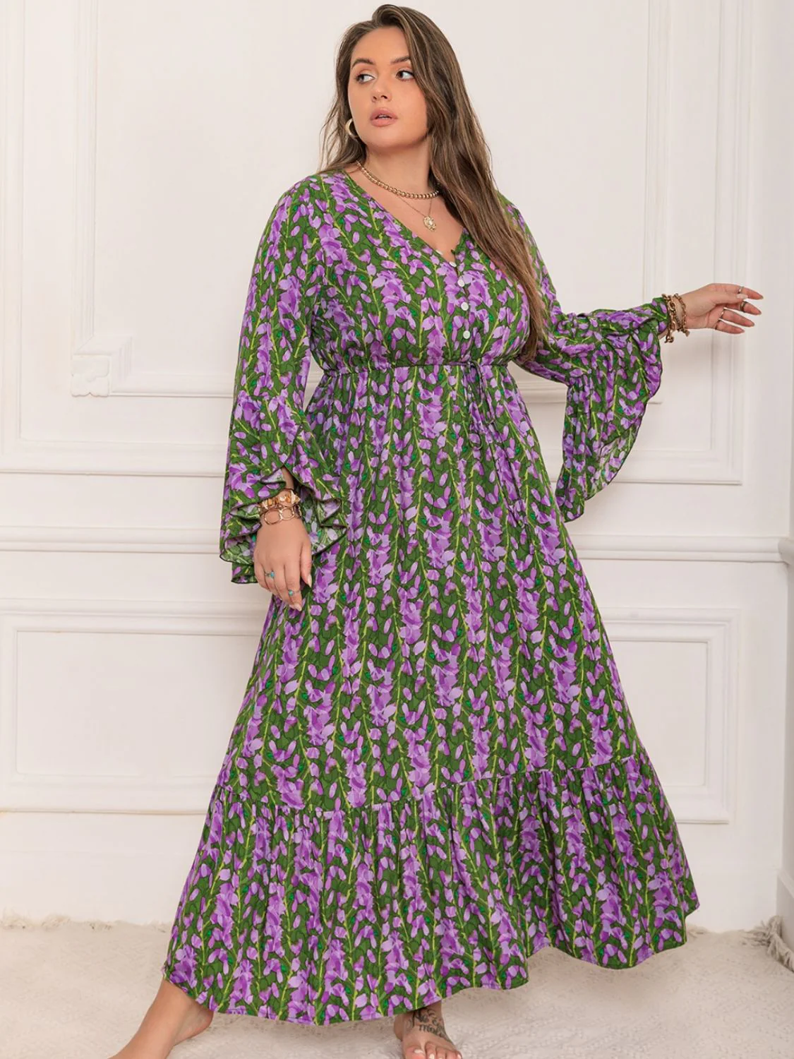 Plus Size Printed V-Neck Long Sleeve Maxi Dress - Image 9