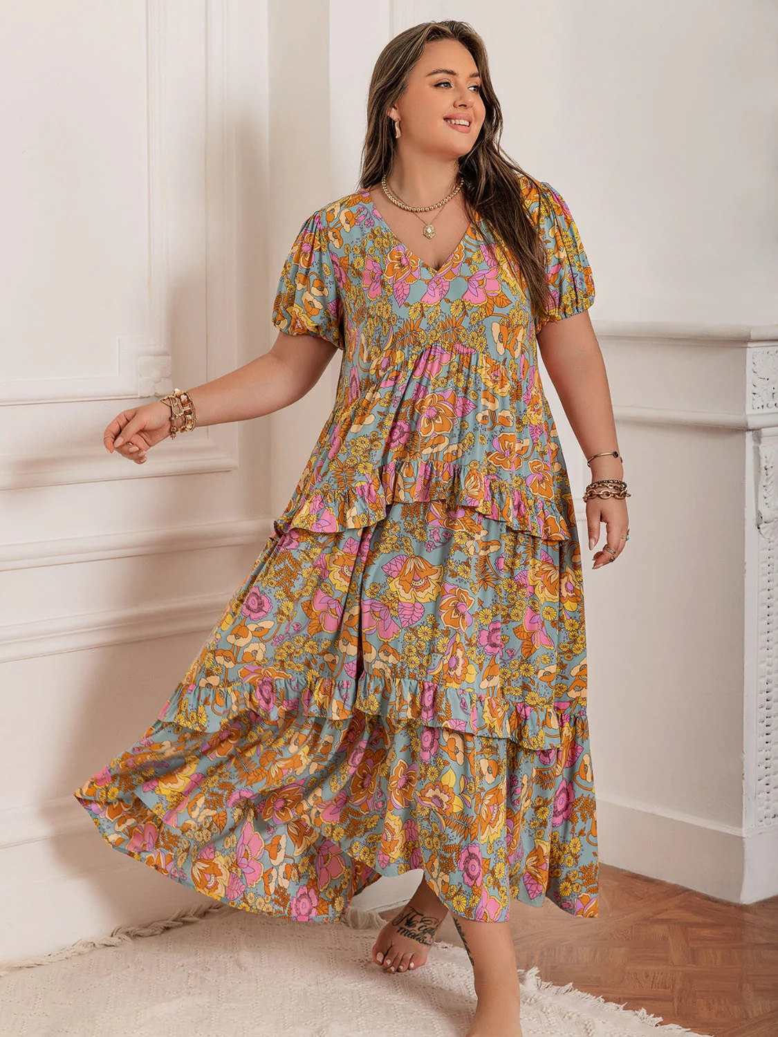 Plus Size Printed V-Neck Short Sleeve Maxi Dress - Image 2