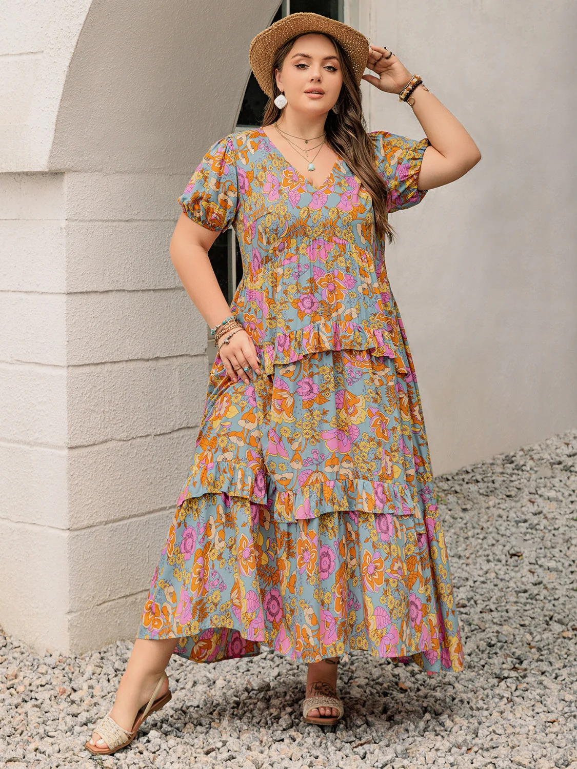 Plus Size Printed V-Neck Short Sleeve Maxi Dress - Image 4