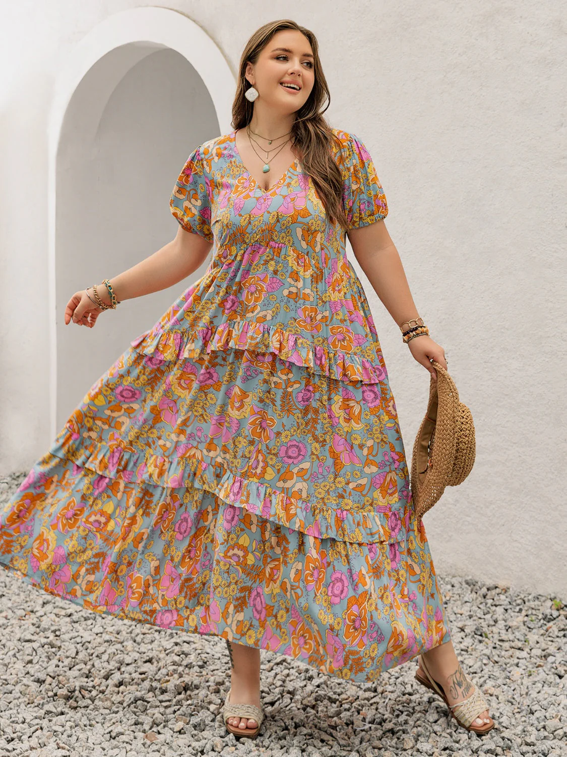 Plus Size Printed V-Neck Short Sleeve Maxi Dress - Image 5