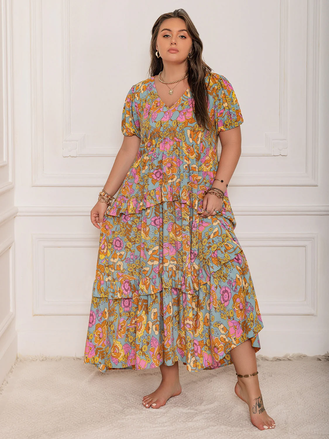 Plus Size Printed V-Neck Short Sleeve Maxi Dress - Image 6