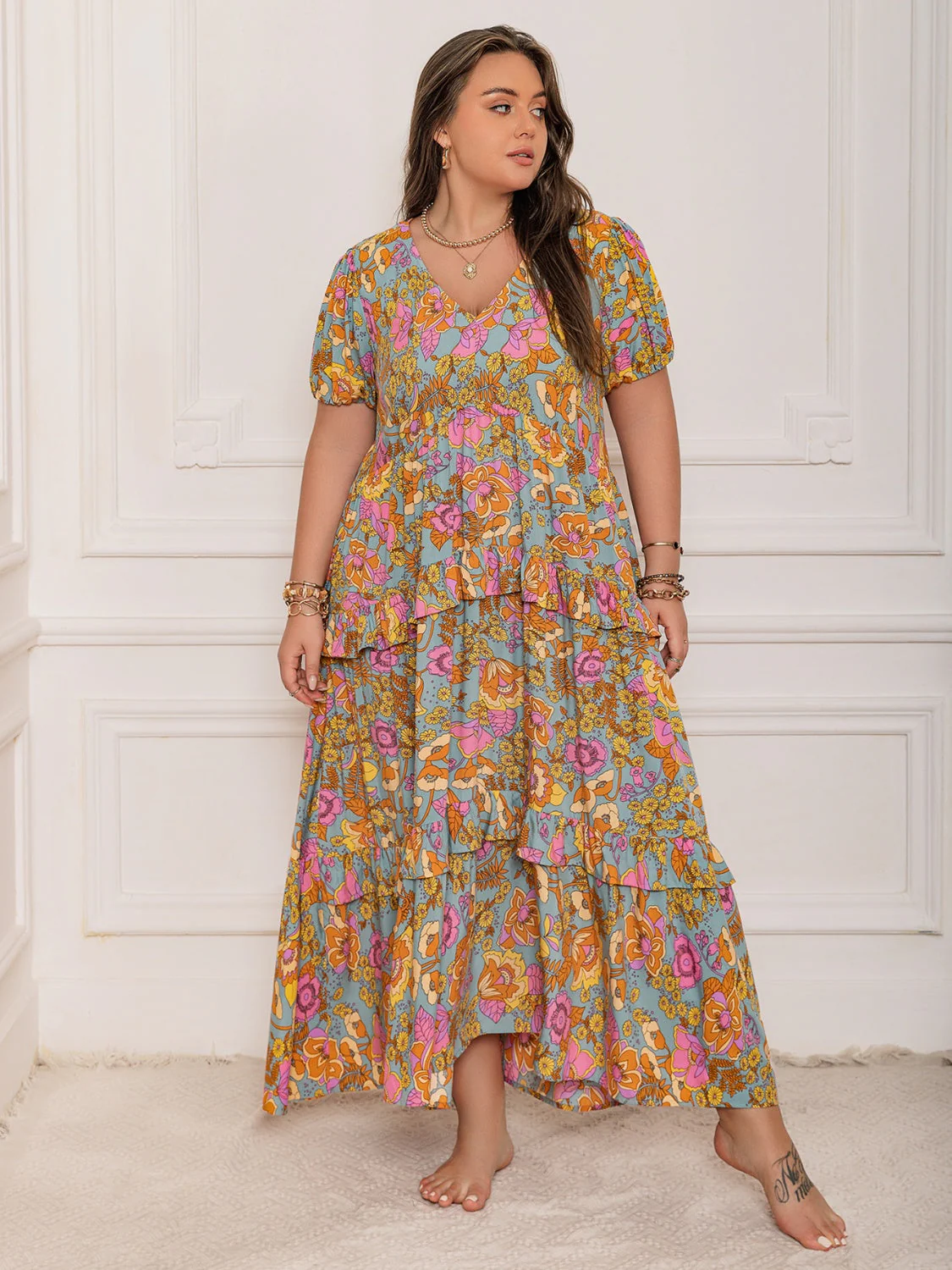 Plus Size Printed V-Neck Short Sleeve Maxi Dress - Image 7