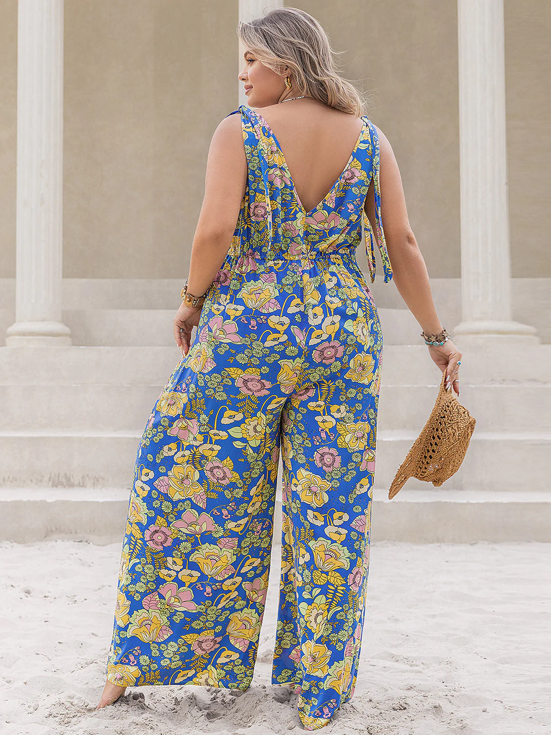 Plus Size Printed V-Neck Wide Leg Jumpsuit - Image 2