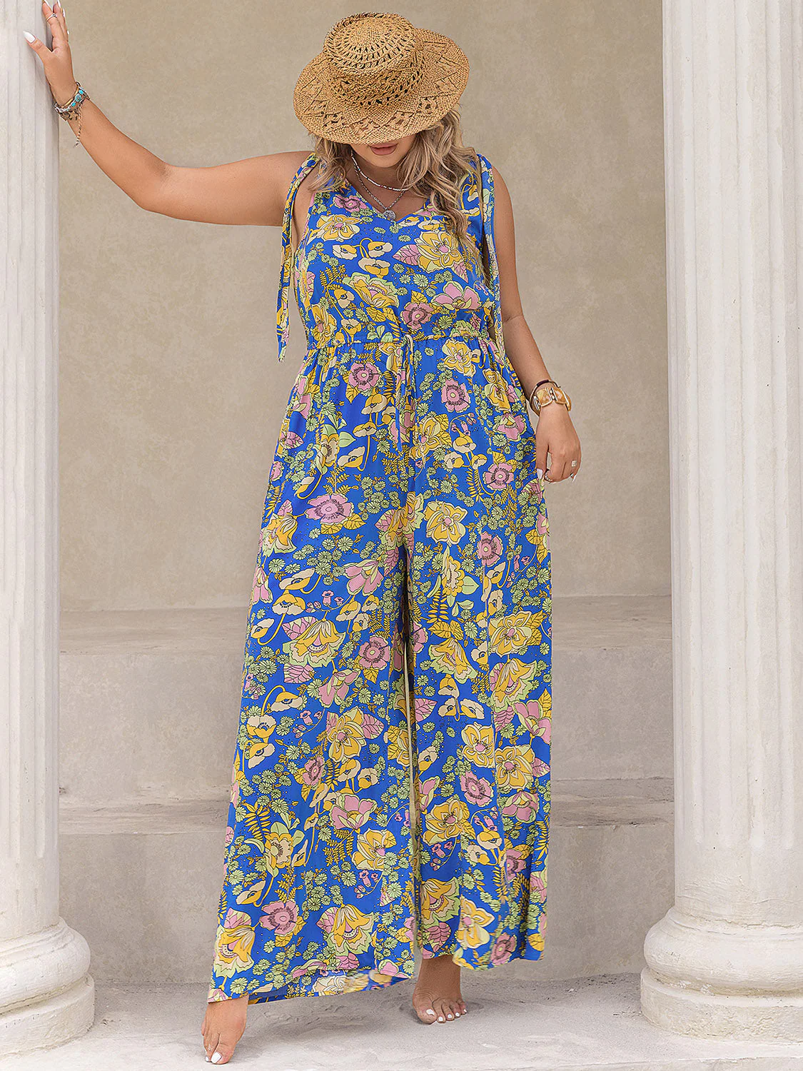 Plus Size Printed V-Neck Wide Leg Jumpsuit - Image 4
