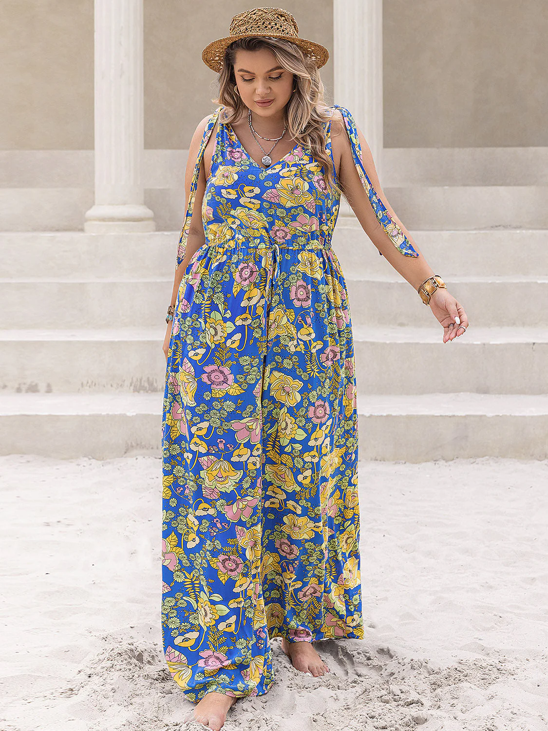Plus Size Printed V-Neck Wide Leg Jumpsuit - Image 6