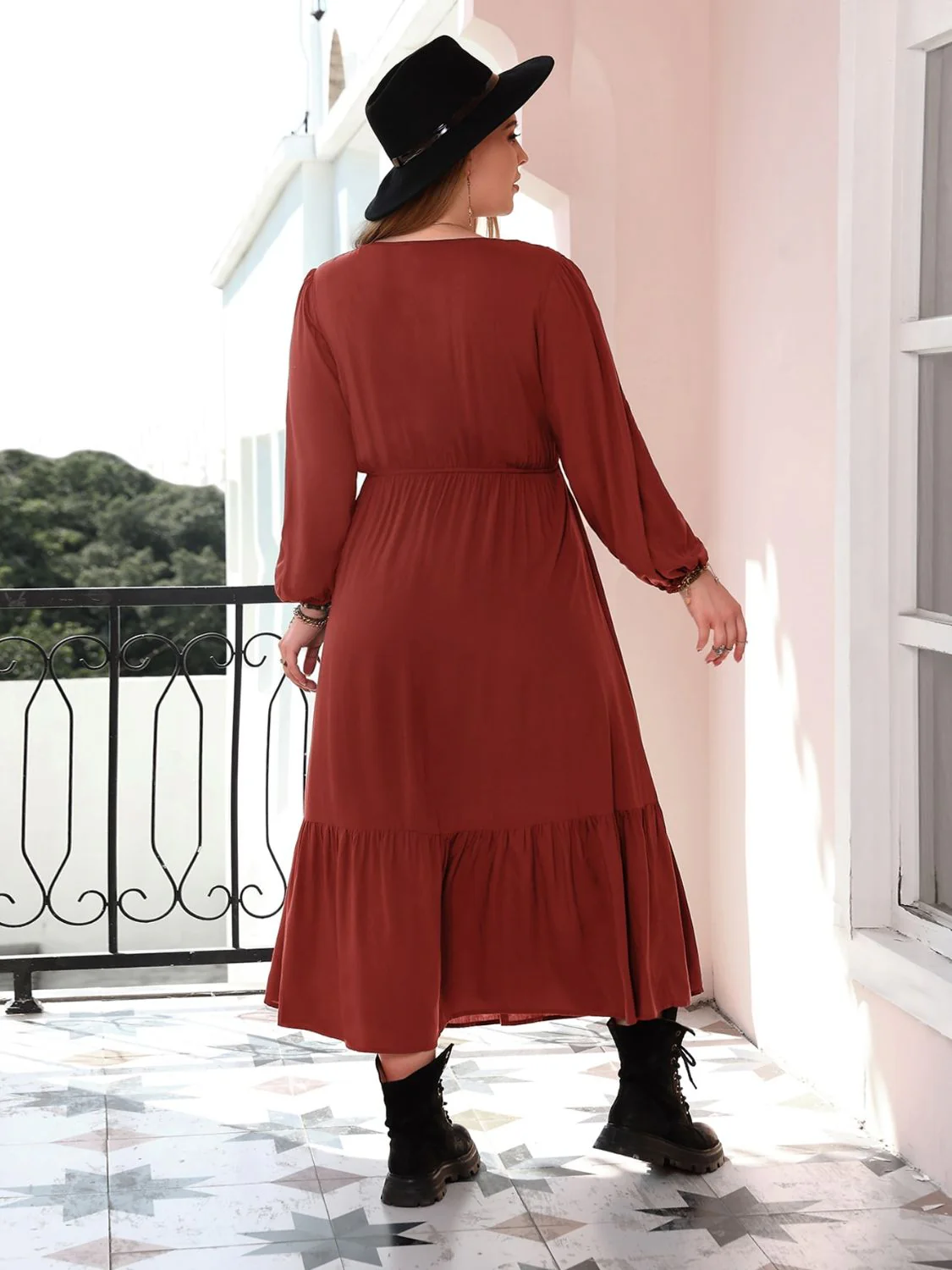 Plus Size Quarter Button V-Neck Long Sleeve Dress - Image 2