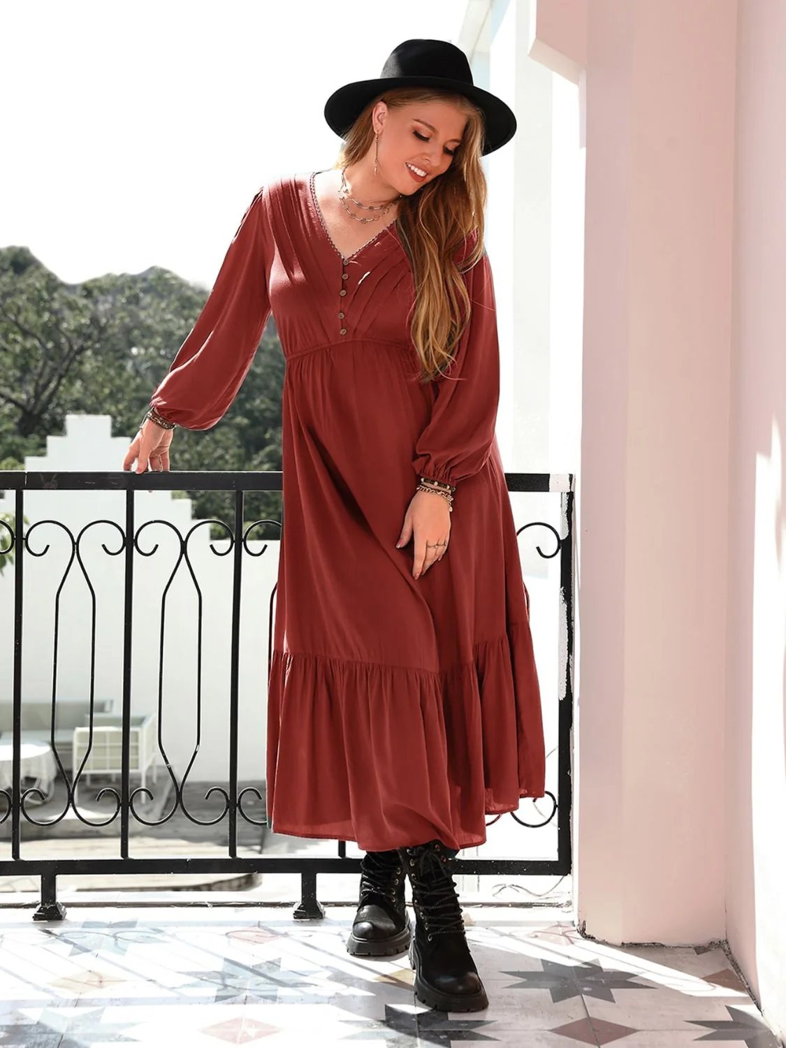 Plus Size Quarter Button V-Neck Long Sleeve Dress - Image 4