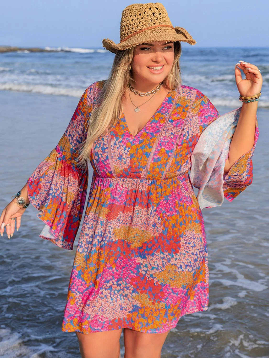 Plus Size Ruched Printed Long Sleeve Dress - Image 4