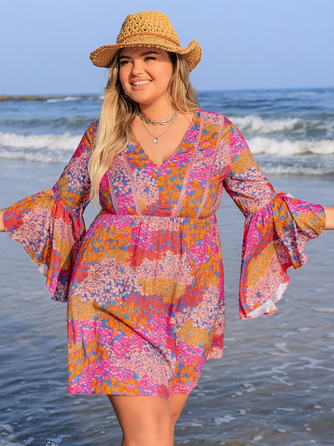 Plus Size Ruched Printed Long Sleeve Dress - Image 5