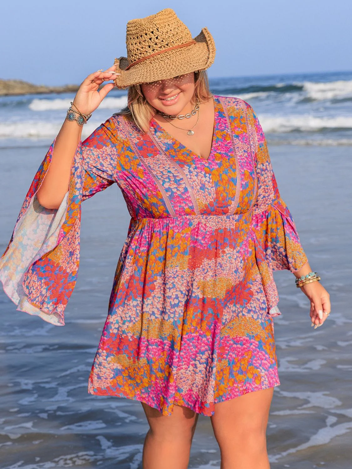 Plus Size Ruched Printed Long Sleeve Dress - Image 6