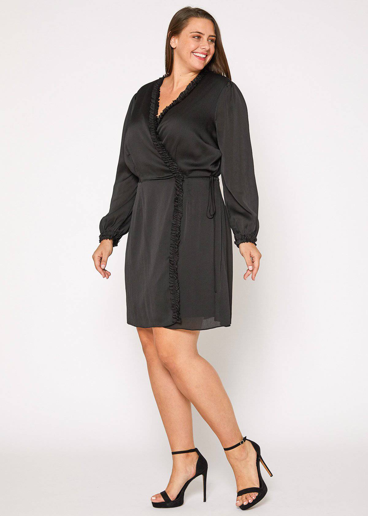 Plus Size Ruffle Trim Long Sleeve Wrap Dress in Black by Shop at Konus - Image 2