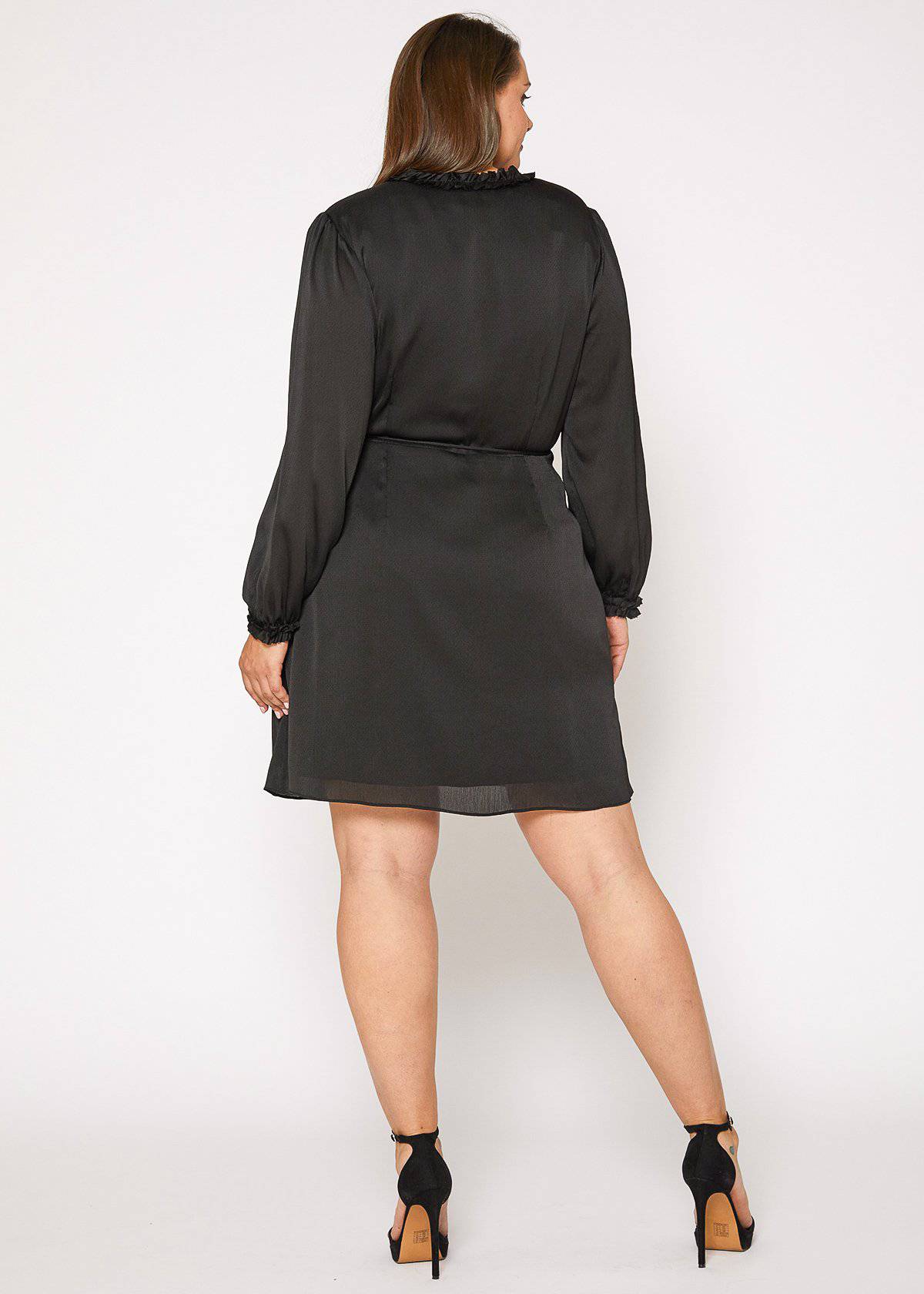 Plus Size Ruffle Trim Long Sleeve Wrap Dress in Black by Shop at Konus - Image 3