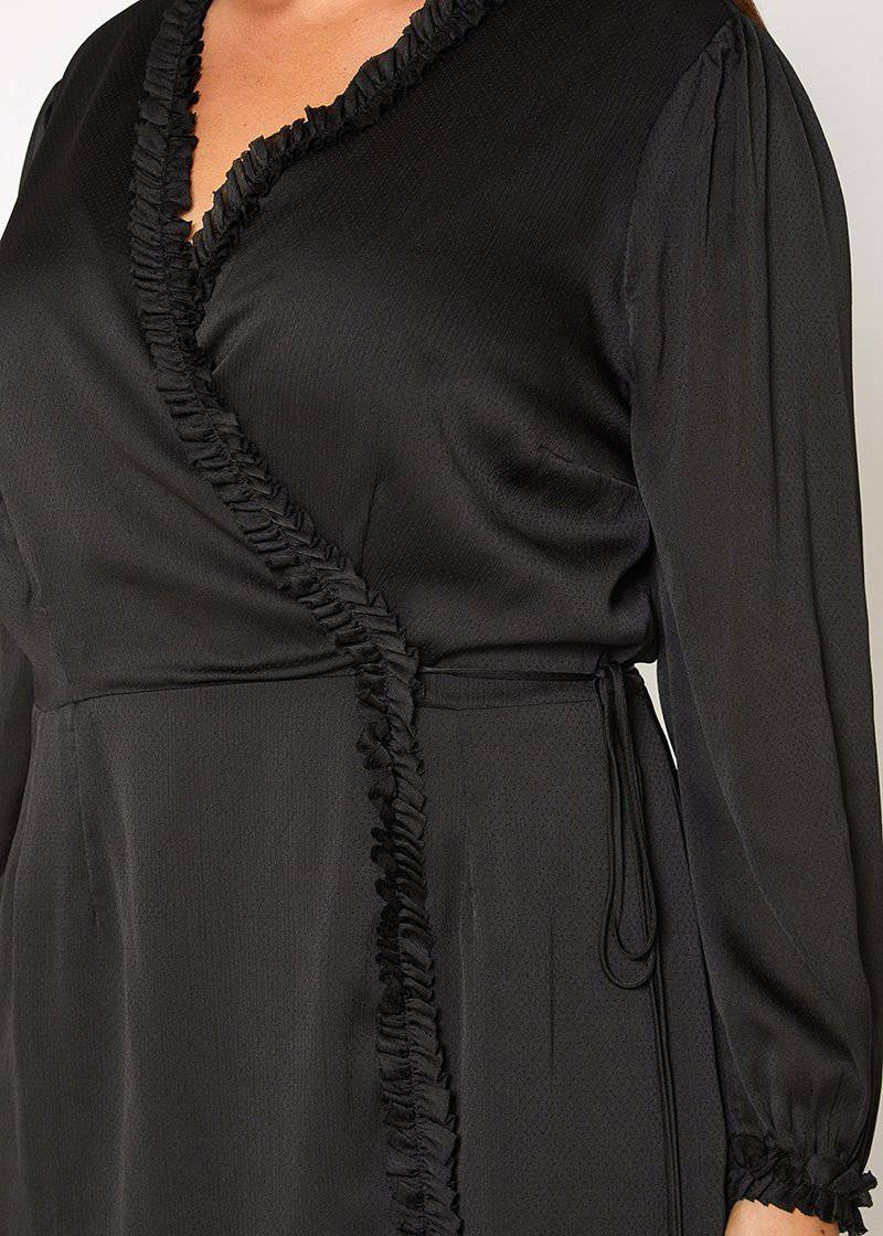 Plus Size Ruffle Trim Long Sleeve Wrap Dress in Black by Shop at Konus - Image 4