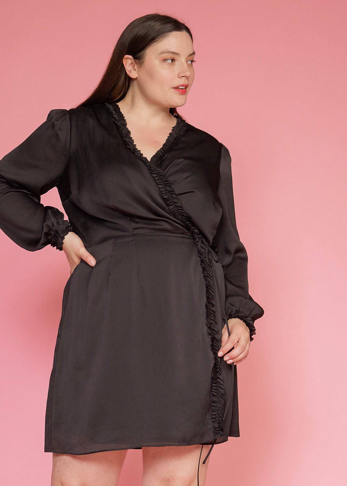 Plus Size Ruffle Trim Long Sleeve Wrap Dress in Black by Shop at Konus - Image 5