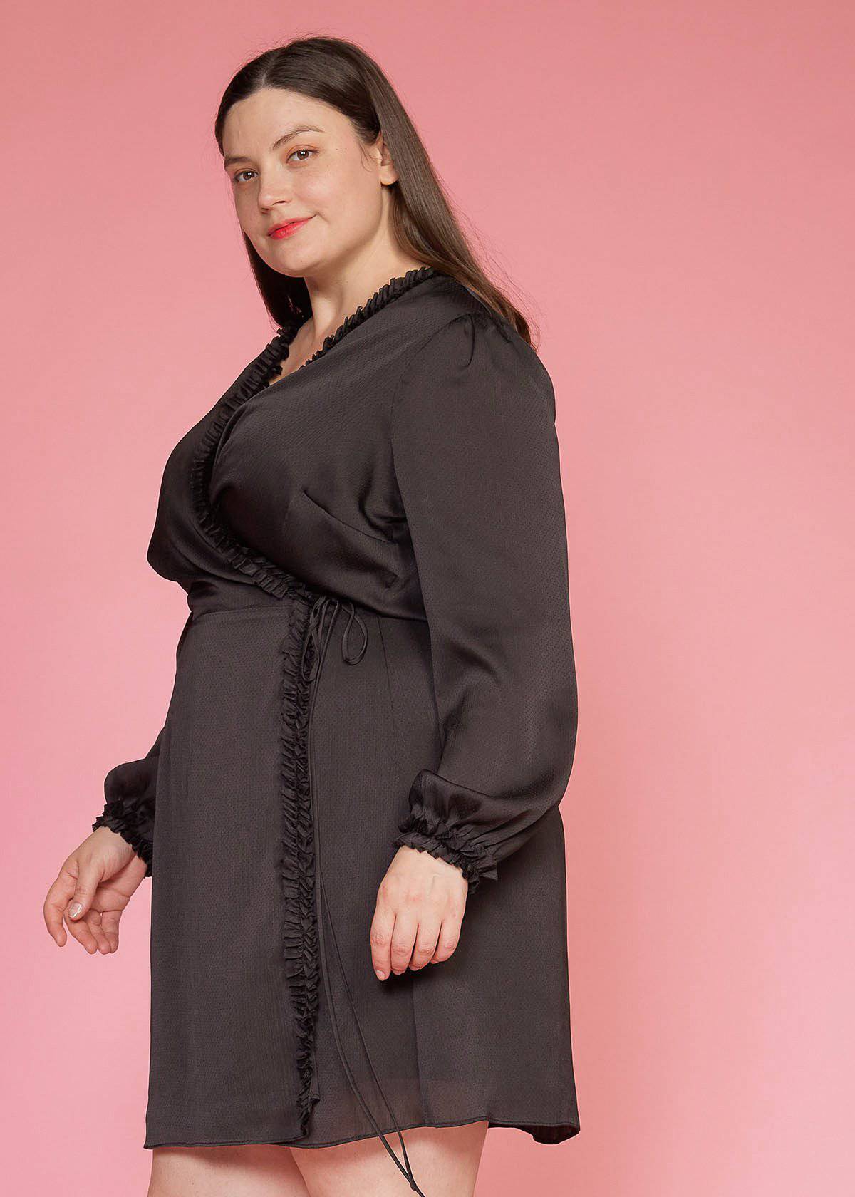 Plus Size Ruffle Trim Long Sleeve Wrap Dress in Black by Shop at Konus - Image 6
