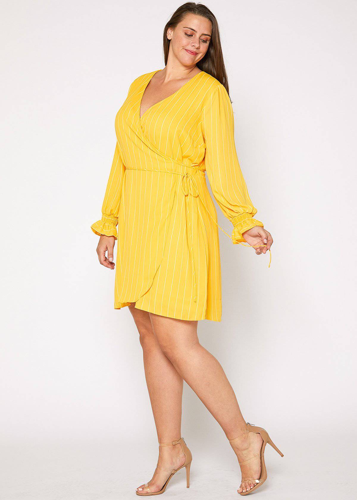 Plus Size Smocked Bell Sleeve Wrap Dress in Yellow by Shop at Konus - Image 2