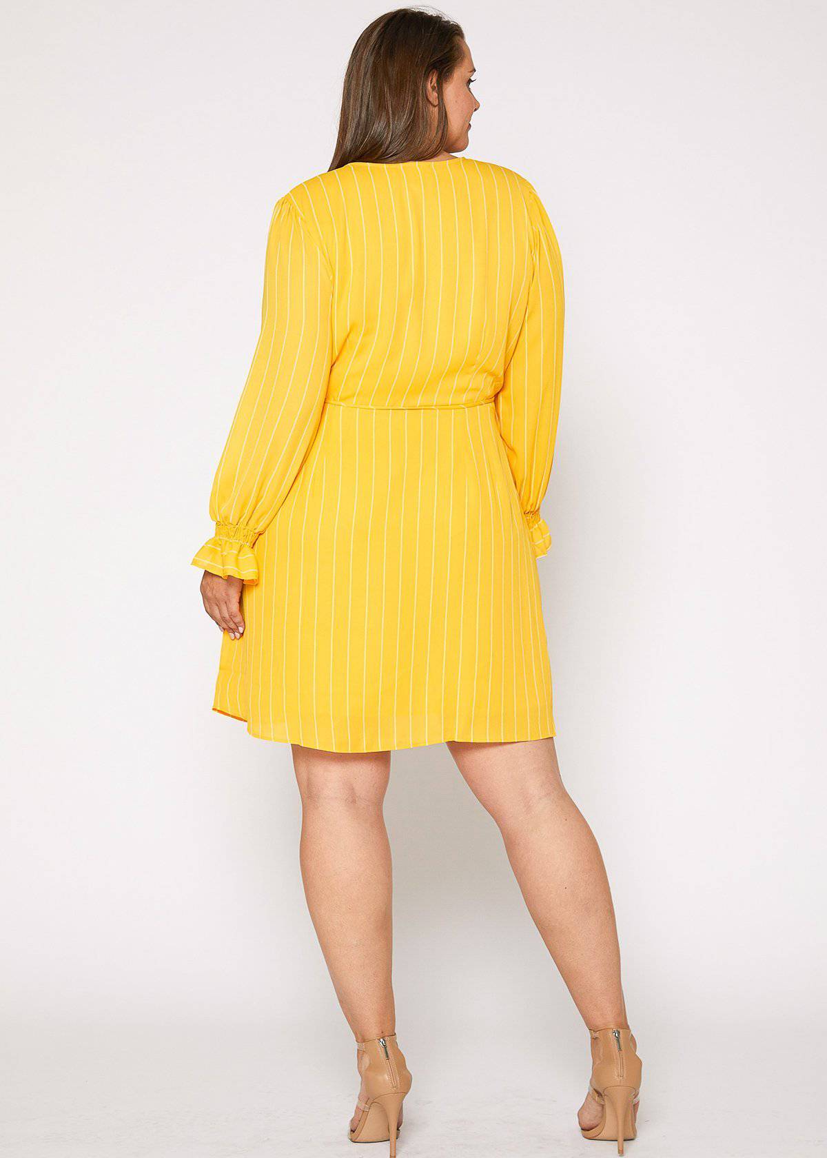 Plus Size Smocked Bell Sleeve Wrap Dress in Yellow by Shop at Konus - Image 3