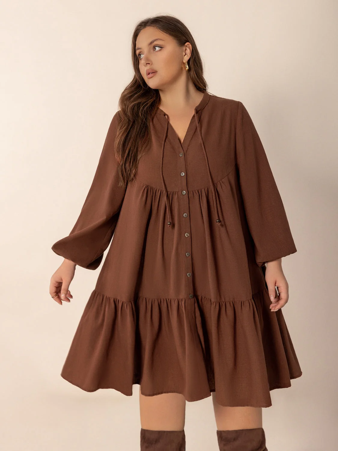 Plus Size Tie Neck Balloon Sleeve Tiered Dress - Image 2