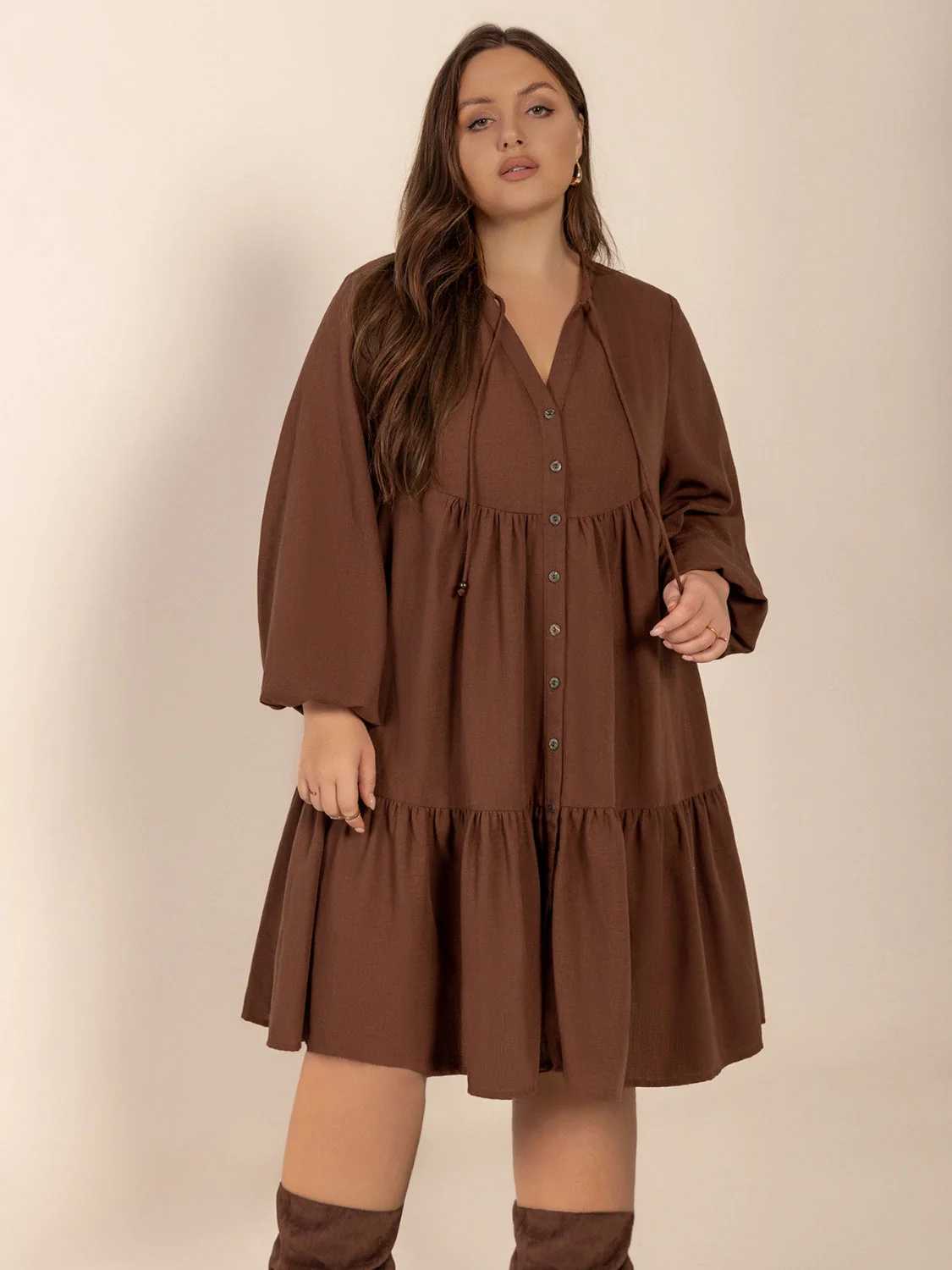 Plus Size Tie Neck Balloon Sleeve Tiered Dress - Image 3