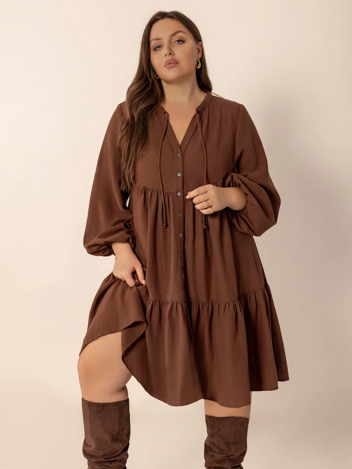 Plus Size Tie Neck Balloon Sleeve Tiered Dress - Image 4